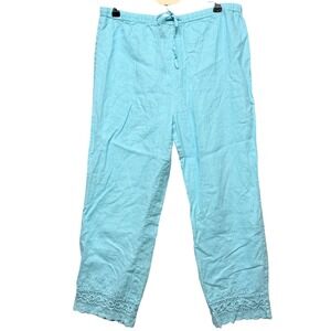 Womens Crop Pant PL Blue 100% Linen Eyelet Lace Elastic Drawstring Waist Coastal